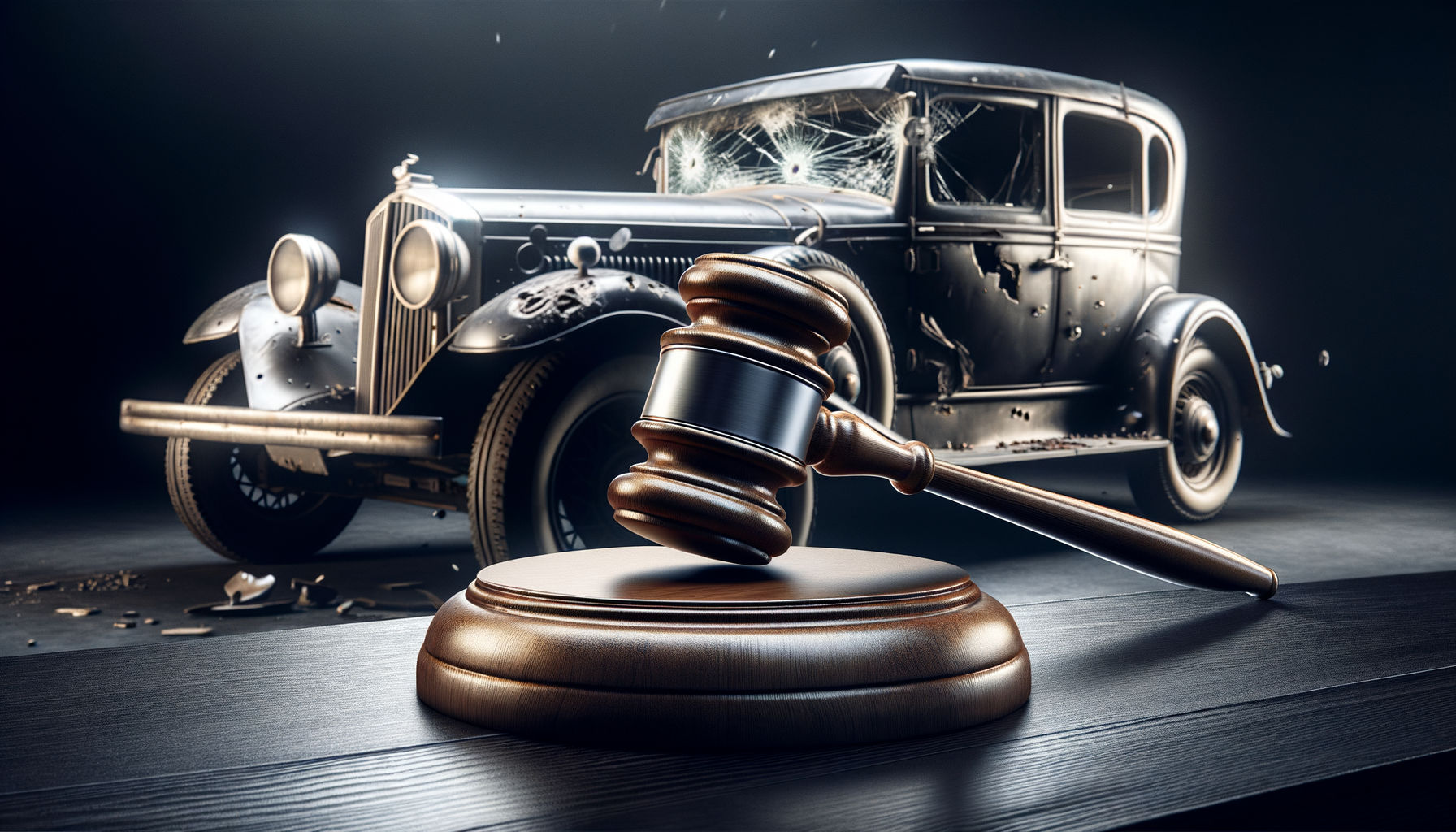 Auction hammer with a damaged vintage car