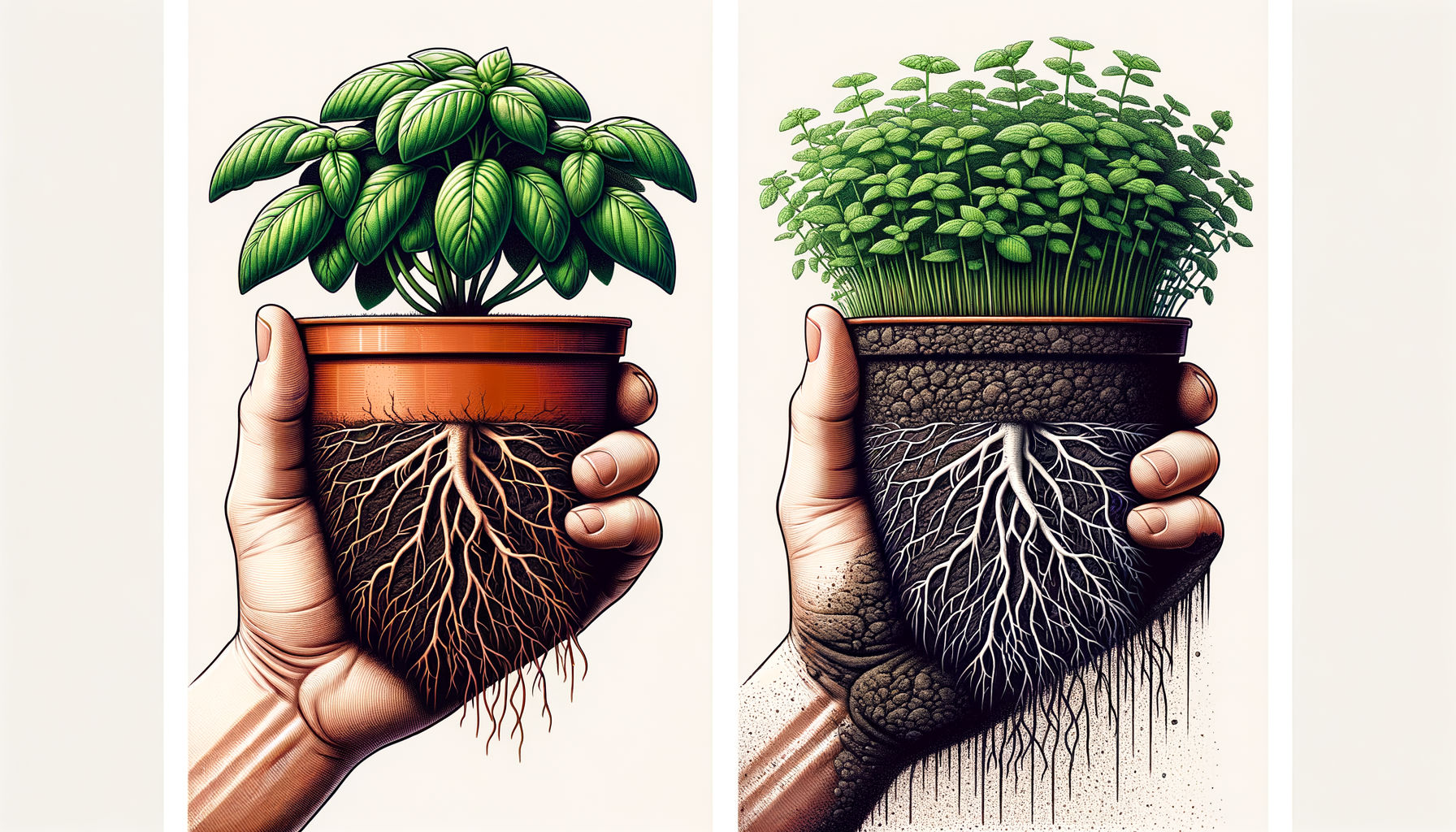 Contrast between healthy and unhealthy potted herb plant