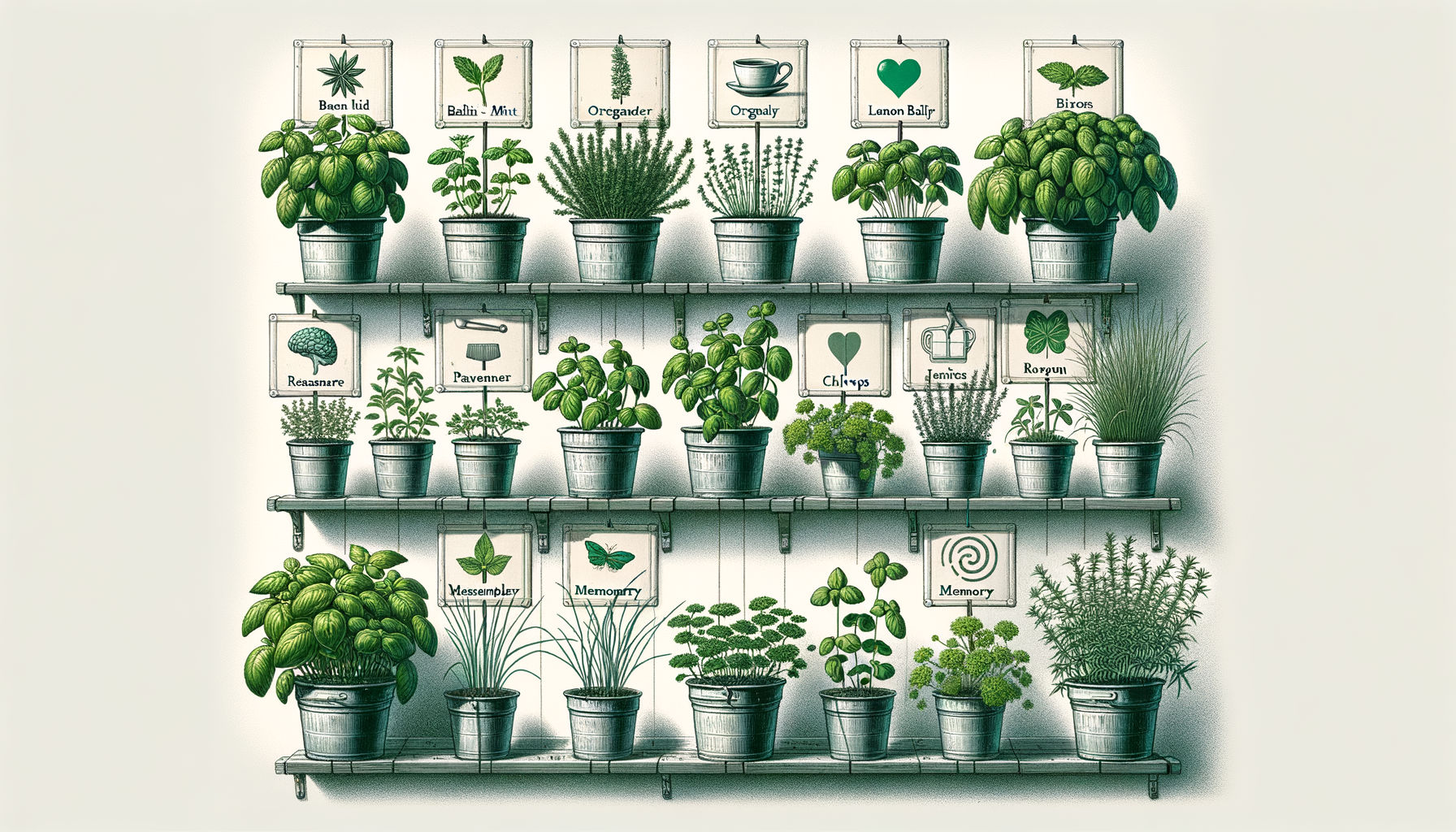 Diverse and thriving indoor herb garden with benefit icons
