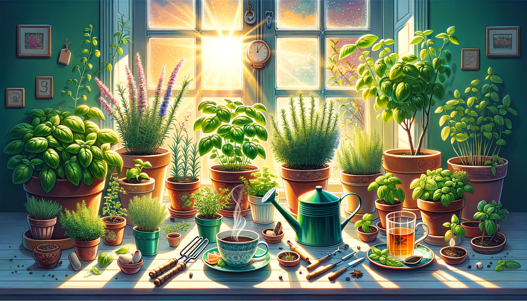 Sunlit windowsill with an assortment of vibrant indoor herbs